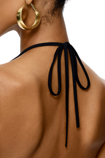 ASYMMETRIC HALTER MINI DRESS WITH BASE METAL SHELL DECOR COLOR BLACK