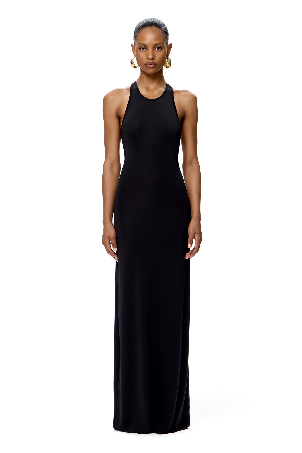 COUTURE MAXI DRESS OPEN BACK AND HANDMADE BASE METAL CHAIN DECOR COLOR BLACK