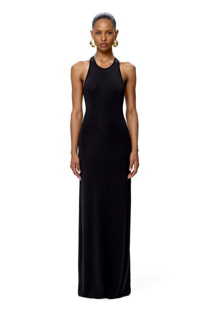 COUTURE MAXI DRESS OPEN BACK AND HANDMADE BASE METAL CHAIN DECOR COLOR BLACK