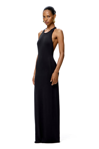 COUTURE MAXI DRESS OPEN BACK AND HANDMADE BASE METAL CHAIN DECOR COLOR BLACK
