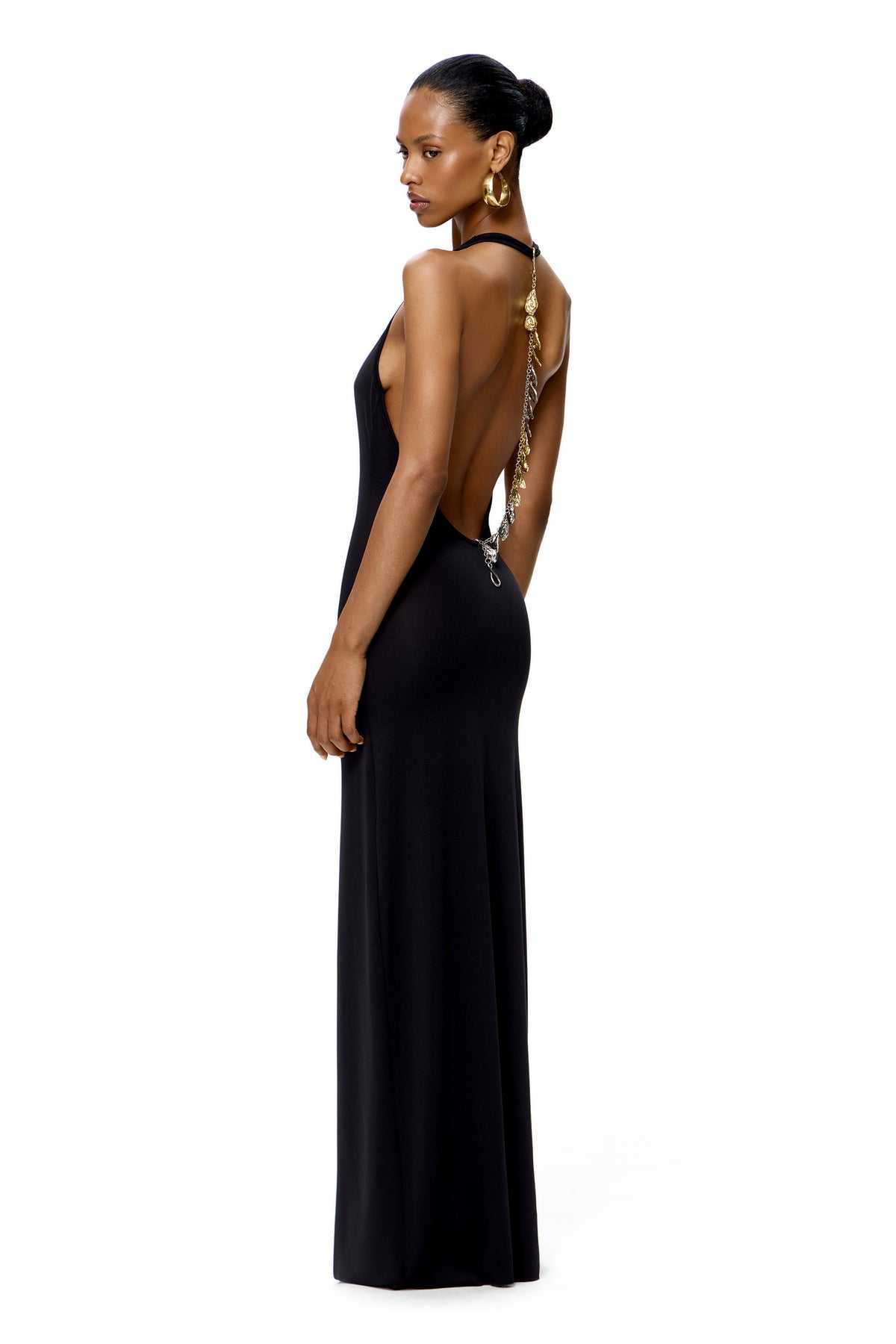 COUTURE MAXI DRESS OPEN BACK AND HANDMADE BASE METAL CHAIN DECOR COLOR BLACK