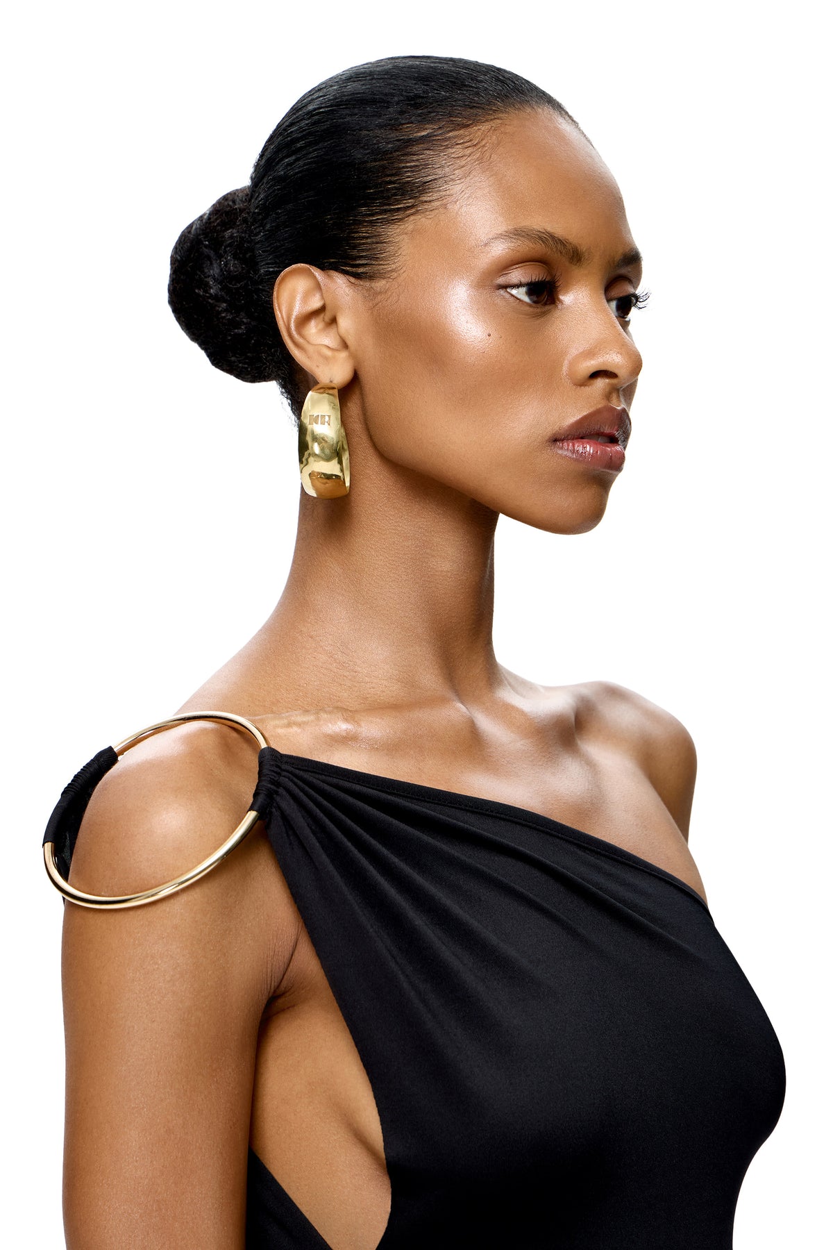 JERSEY ASYMMETRICAL MINI DRESS WITH METAL RING DETAIL ON THE SHOULDER COLOR BLACK