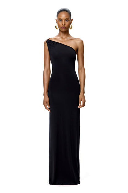 JERSEY ASYMMETRICAL MAXI DRESS WITH METAL RING DETAIL ON THE SHOULDER COLOR BLACK