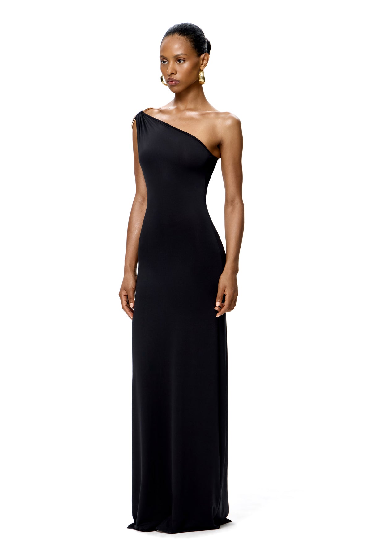 JERSEY ASYMMETRICAL MAXI DRESS WITH METAL RING DETAIL ON THE SHOULDER COLOR BLACK