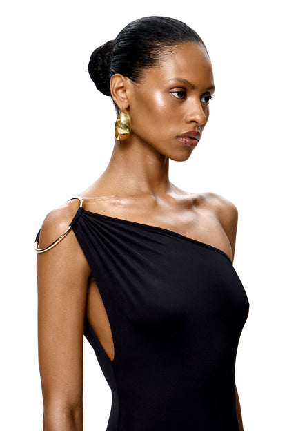 JERSEY ASYMMETRICAL MAXI DRESS WITH METAL RING DETAIL ON THE SHOULDER COLOR BLACK