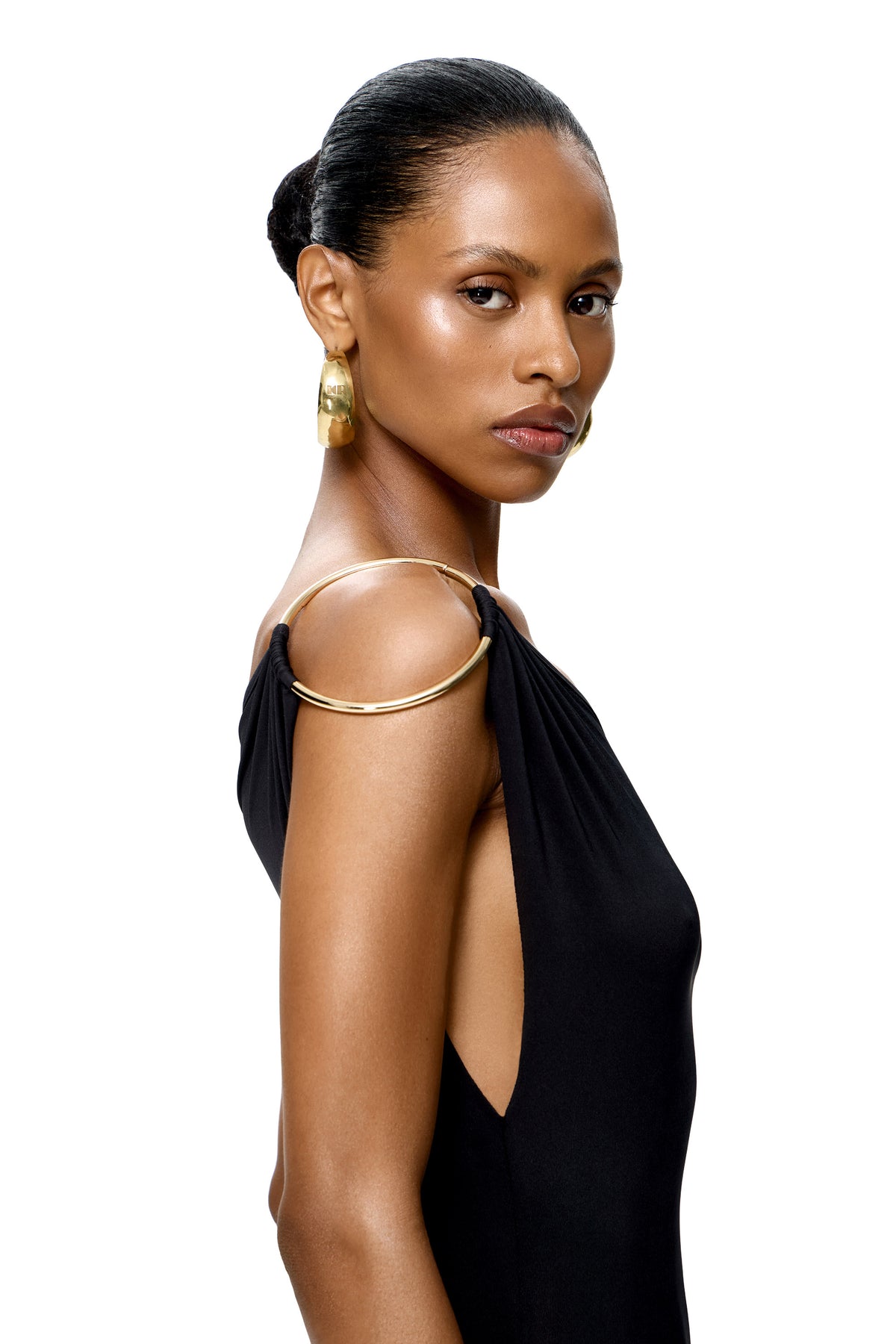JERSEY ASYMMETRICAL MAXI DRESS WITH METAL RING DETAIL ON THE SHOULDER COLOR BLACK