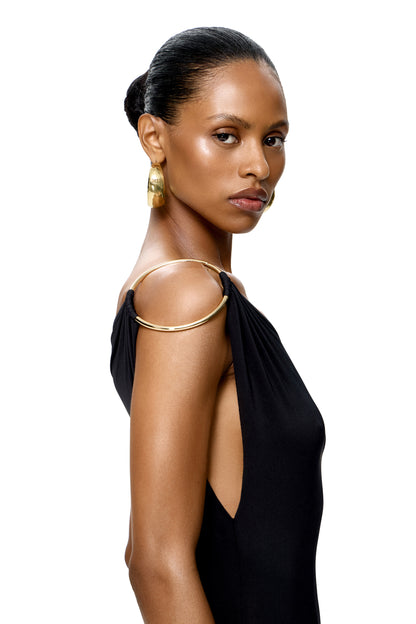 JERSEY ASYMMETRICAL MAXI DRESS WITH METAL RING DETAIL ON THE SHOULDER COLOR BLACK