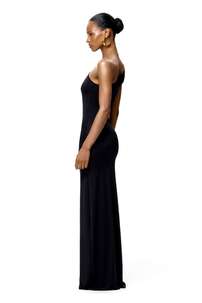 JERSEY ASYMMETRICAL MAXI DRESS WITH METAL RING DETAIL ON THE SHOULDER COLOR BLACK