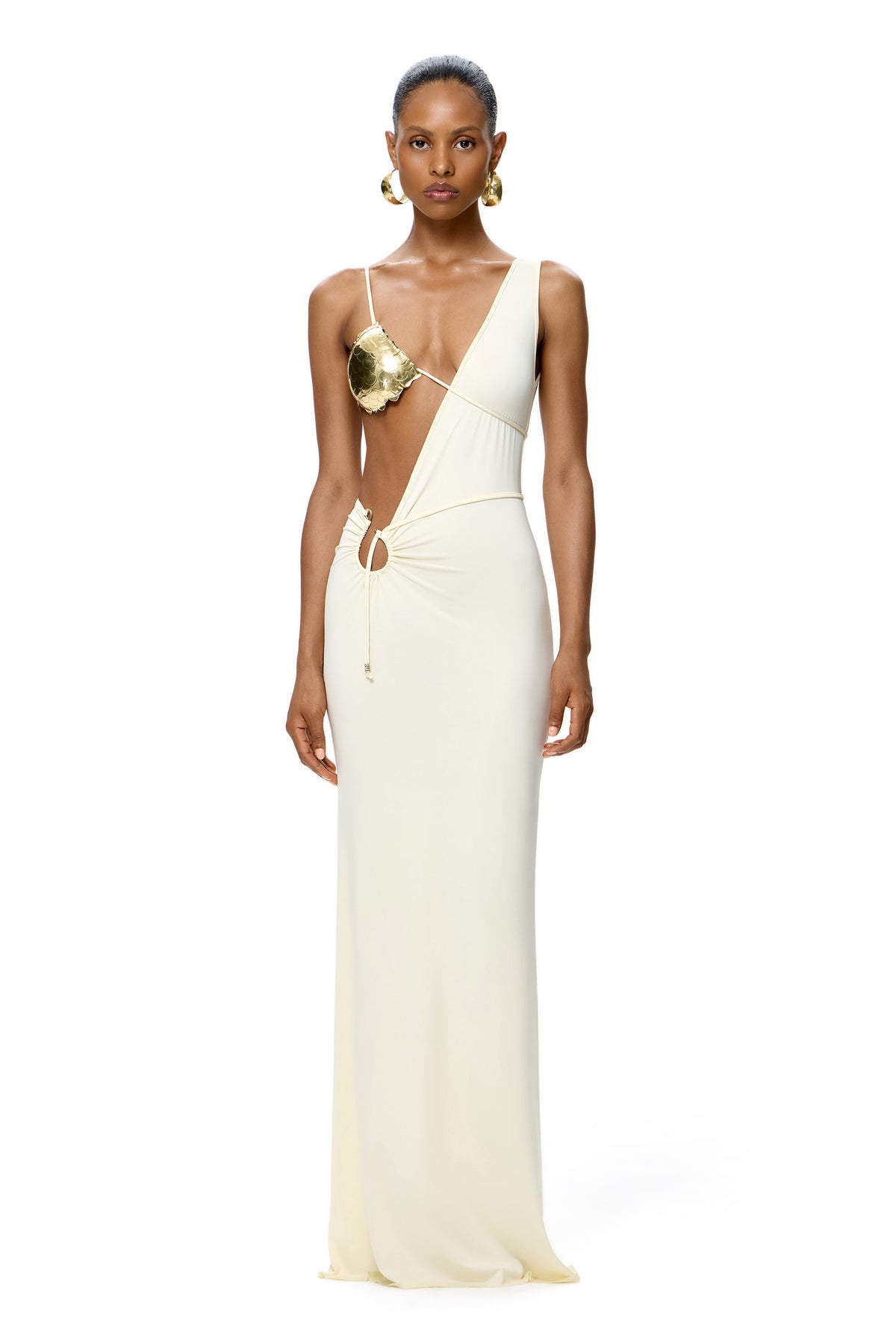 COUTURE ASYMMETRICAL MAXI DRESS WITH HANDMADE BASE METAL BODY ACCESSORY COLOR MILK