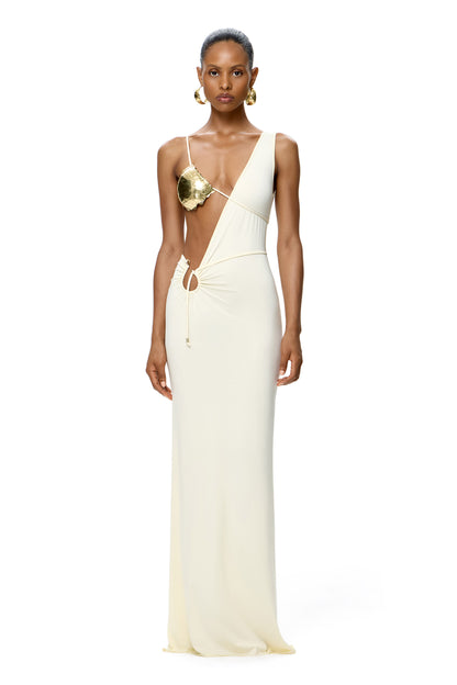 COUTURE ASYMMETRICAL MAXI DRESS WITH HANDMADE BASE METAL BODY ACCESSORY COLOR MILK