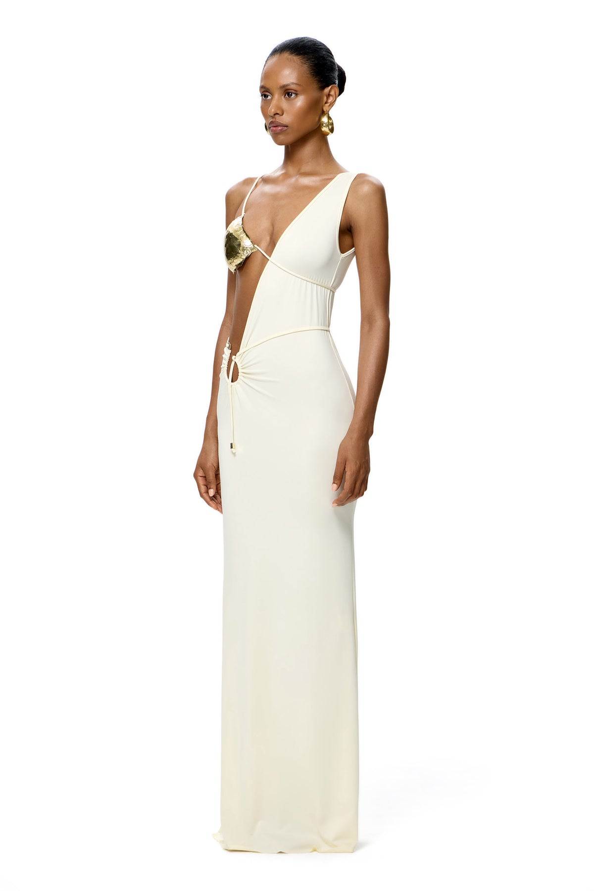 COUTURE ASYMMETRICAL MAXI DRESS WITH HANDMADE BASE METAL BODY ACCESSORY COLOR MILK