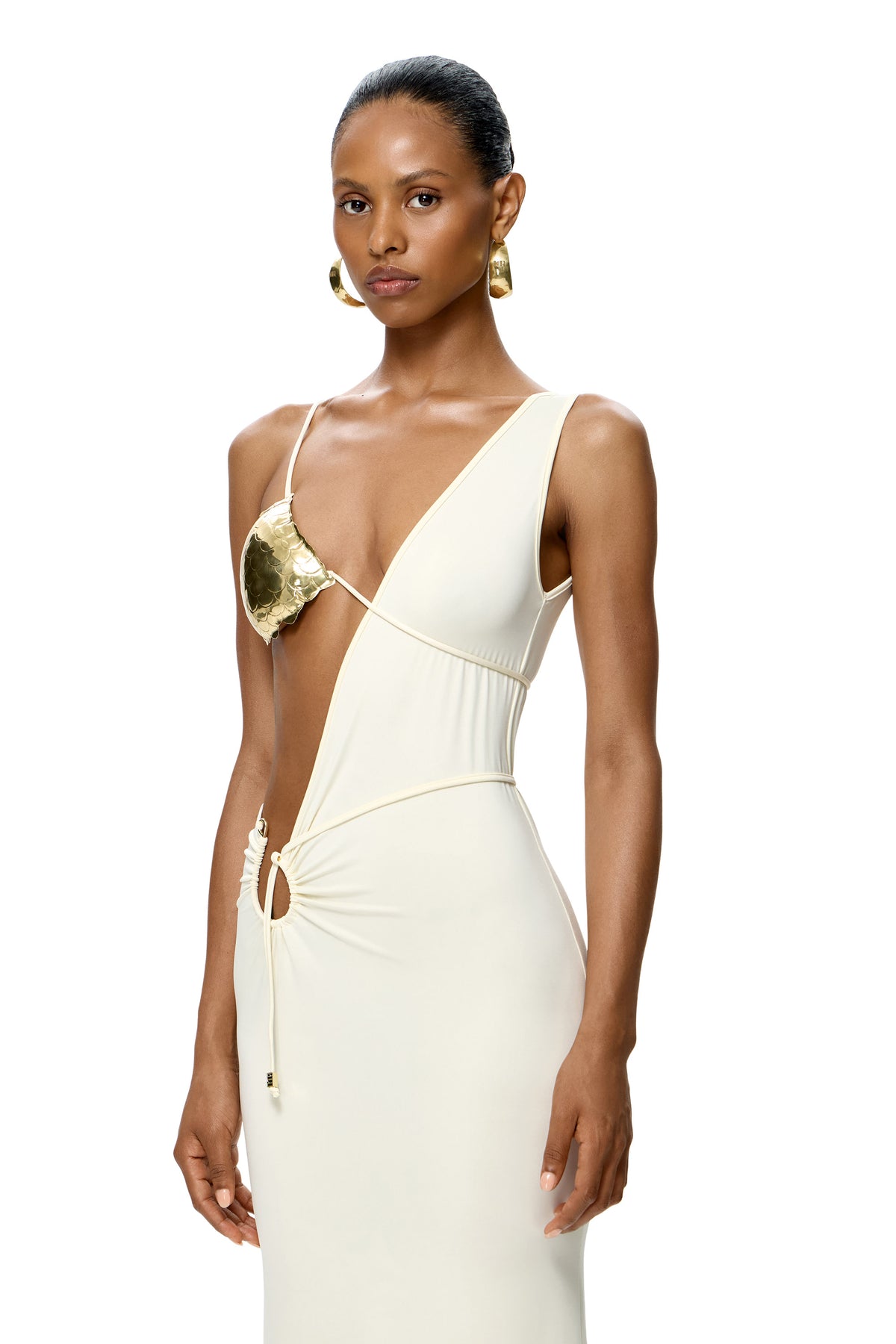 COUTURE ASYMMETRICAL MAXI DRESS WITH HANDMADE BASE METAL BODY ACCESSORY COLOR MILK