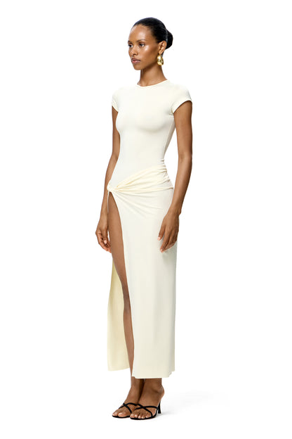 SET SHORT SLEEVE TOP AND HIGH SLIT MIDI SKIRT COLOR BANANA FLESH