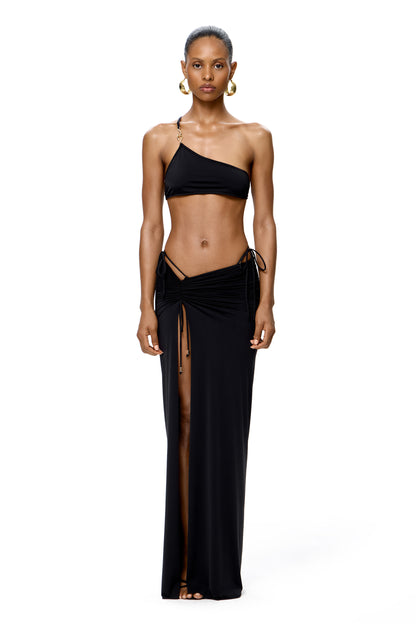LYCRA ASYMMETRIC TOP & RUCHED MAXI SKIRT SET COLOR BLACK
