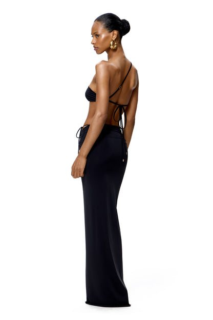 LYCRA ASYMMETRIC TOP & RUCHED MAXI SKIRT SET COLOR BLACK