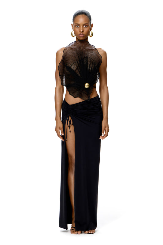 SET COUTURE MESH TOP WITH BASE METAL PEARL-BUTTON AND HIGH SLIT MAXI SKIRT BLACK