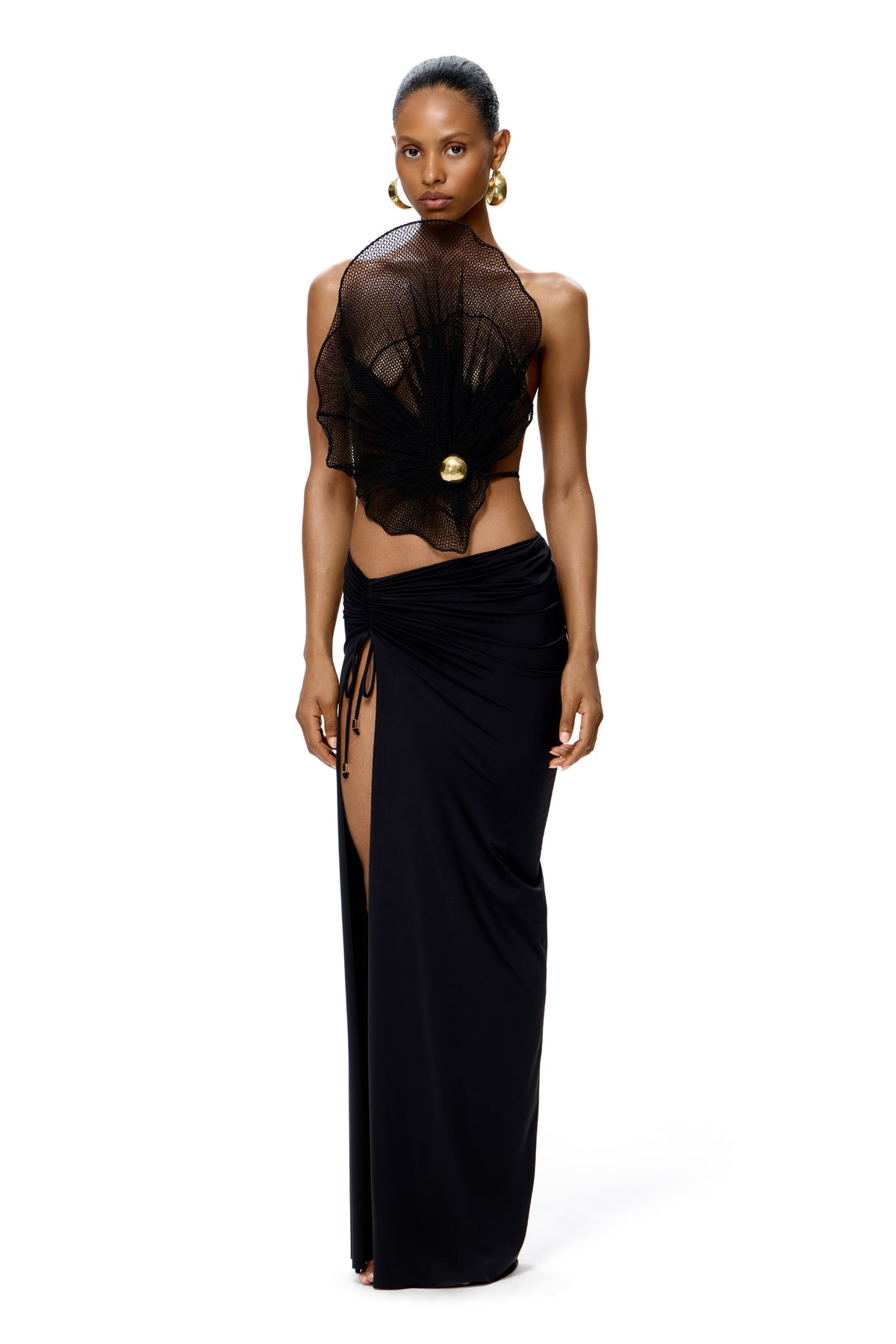 SET COUTURE MESH TOP WITH BASE METAL PEARL-BUTTON AND HIGH SLIT MAXI SKIRT BLACK