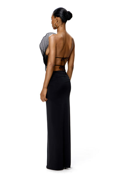 SET COUTURE MESH TOP WITH BASE METAL PEARL-BUTTON AND HIGH SLIT MAXI SKIRT BLACK