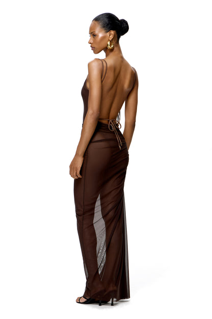 MESH MAXI DRESS WITH BODYSUIT COLOR CHOCOLATE