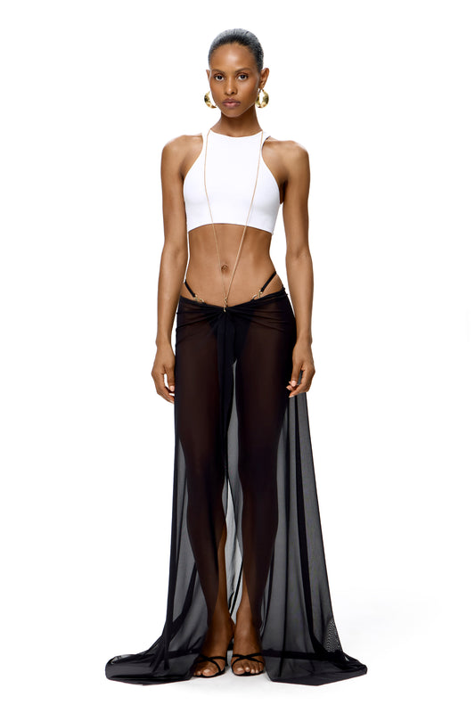 THREE-PIECES SET TOP, SKIRT AND BIKINI BOTTOM WITH LONG BASE METAL CHAIN DECOR COLOR BLACK/WHITE