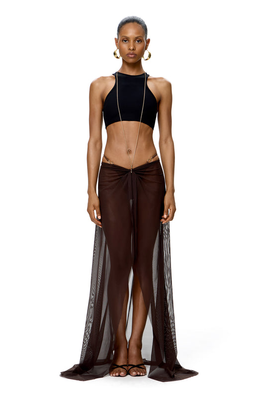 THREE-PIECES SET TOP, SKIRT AND BIKINI BOTTOM WITH LONG BASE METAL CHAIN DECOR COLOR BLACK/CHOCO