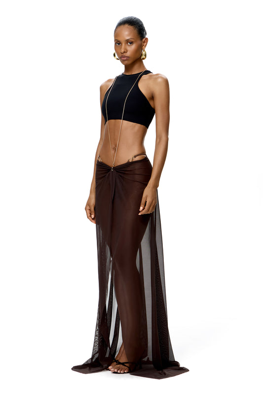 THREE-PIECES SET TOP, SKIRT AND BIKINI BOTTOM WITH LONG BASE METAL CHAIN DECOR COLOR BLACK/CHOCO