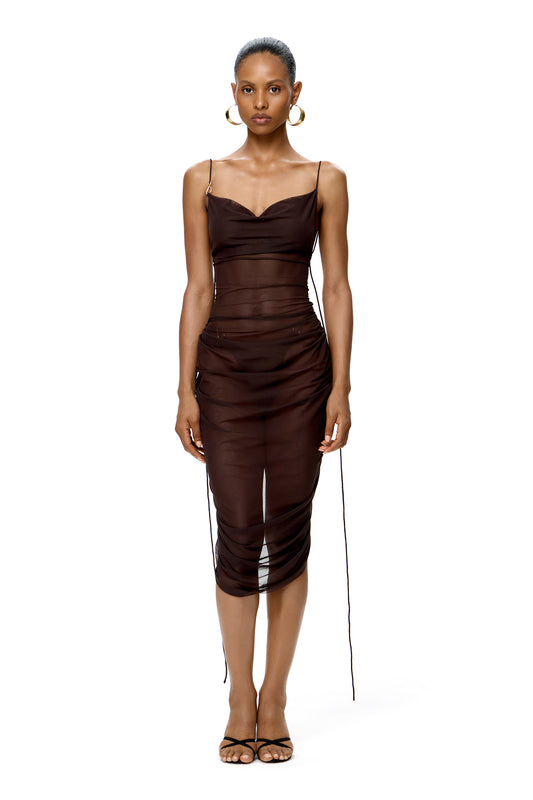 MESH STRAPPY DRESS WITH BACK GATHERING COLOR CHOCOLATE