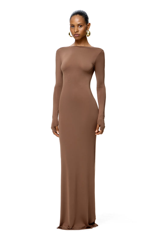LYCRA LONG SLEEVE MAXI DRESS DEEP NECKLINE METAL SHELL DECOR COCOA