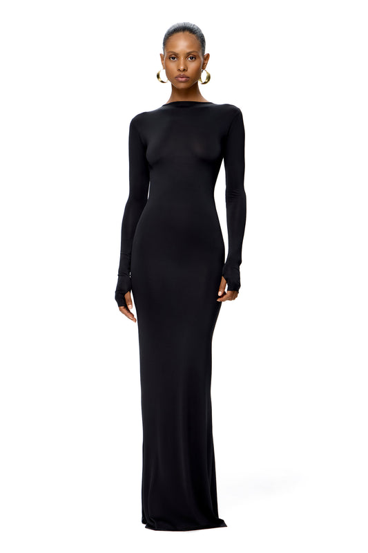 LYCRA LONG SLEEVE MAXI DRESS DEEP NECKLINE WITH METAL SHELL DECOR