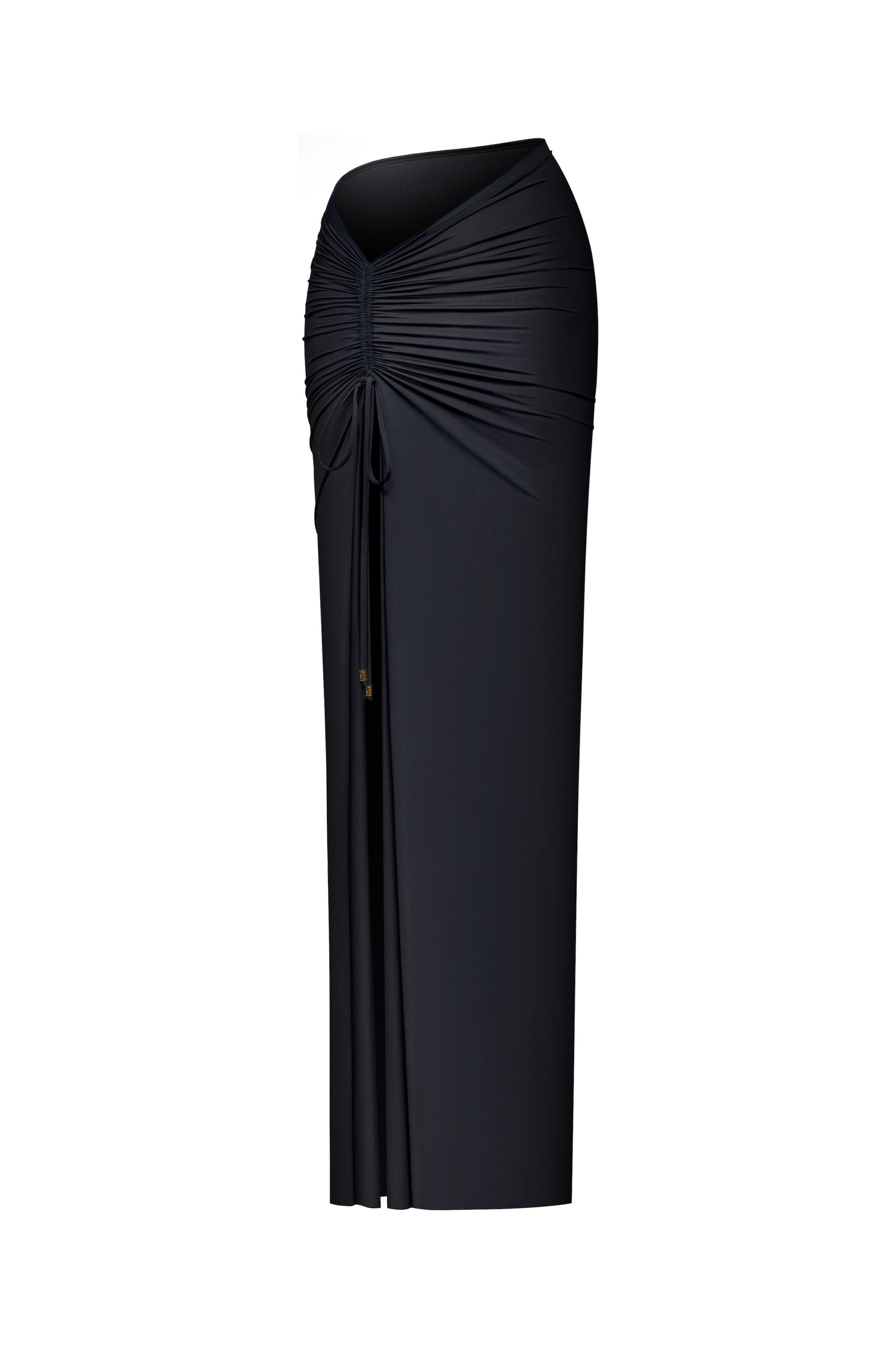 LYCRA ASYMMETRIC TOP & RUCHED MAXI SKIRT SET COLOR BLACK