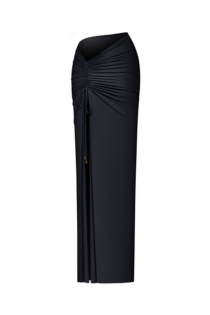 LYCRA ASYMMETRIC TOP & RUCHED MAXI SKIRT SET COLOR BLACK