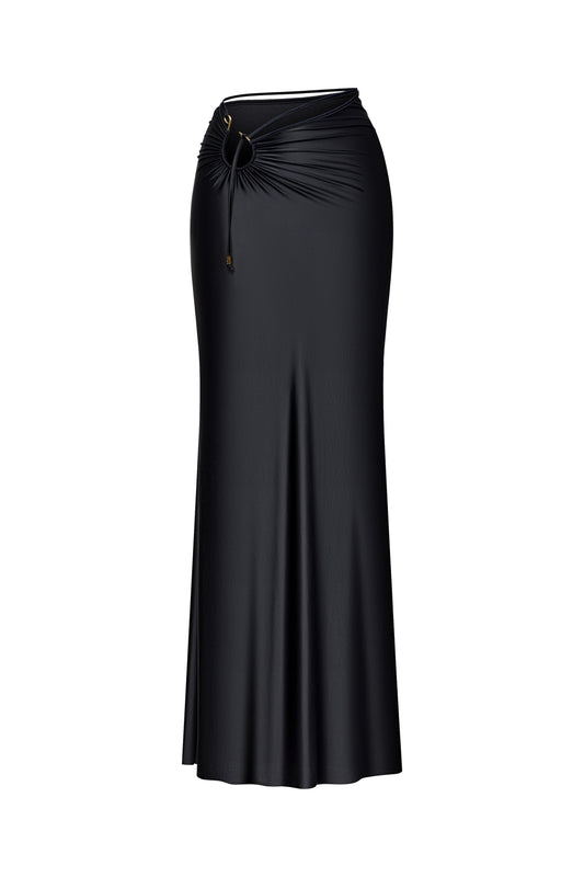 JERSEY MAXI SKIRT HIGH SLIT AND METAL HOOK DECOR WITH TIES COLOR BLACK
