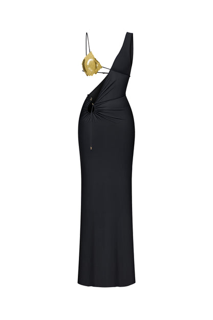 LYCRA COUTURE ASYMMETRICAL MAXI DRESS WITH HANDMADE METAL BODY DECOR COLOR BLACK