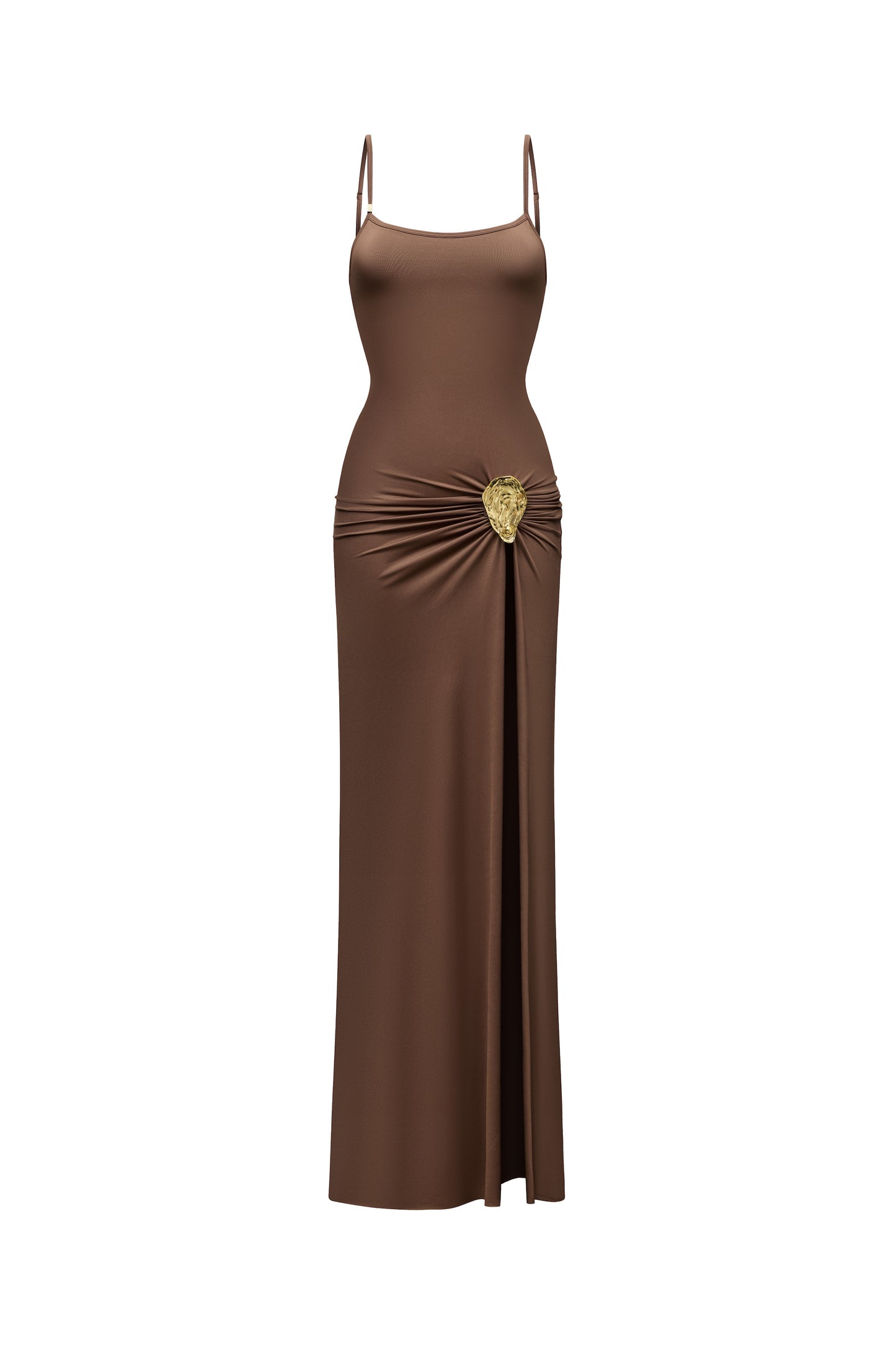 LYCRA MAXI DRESS WITH HIGH SLIT AND METAL SHELL DECOR COLOR CHOCOLATE