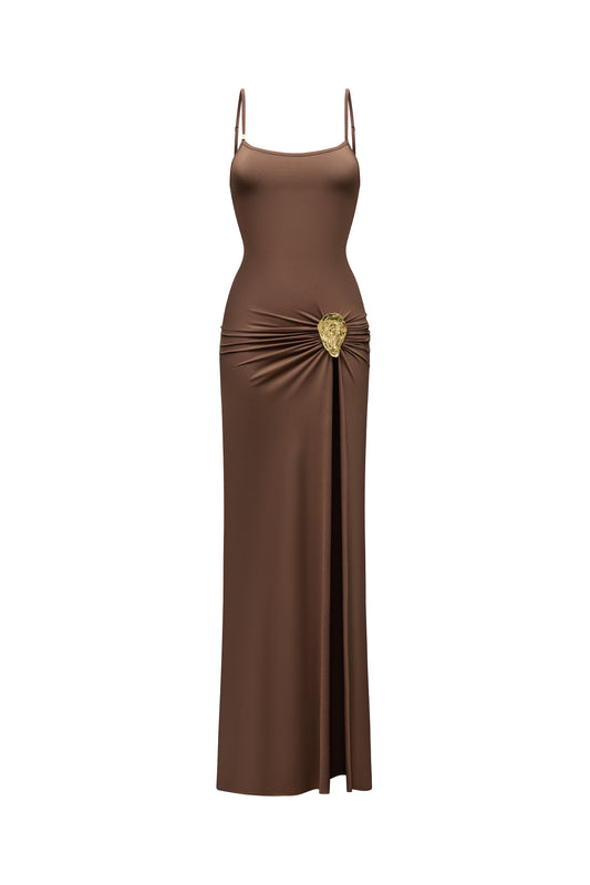 LYCRA MAXI DRESS WITH HIGH SLIT AND METAL SHELL DECOR COLOR CHOCOLATE