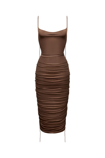 LYCRA STRAPPY DRESS WITH BACK GATHERING COLOR CHOCOLATE
