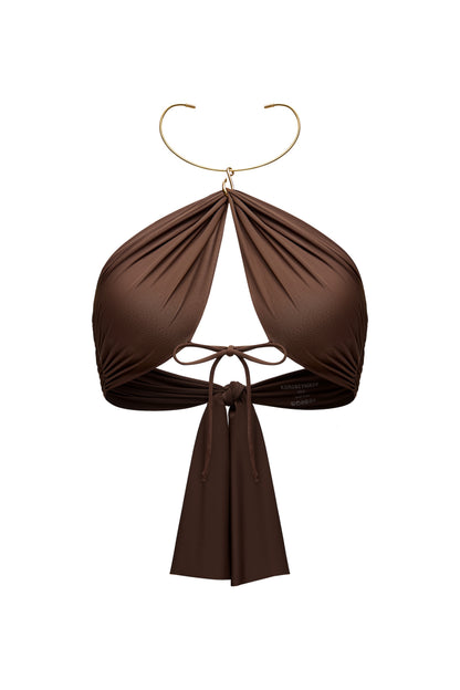 LYCRA BIKINI SET TOP WITH METAL CHOCKER AND BOTTOM COLOR CHOCOLATE
