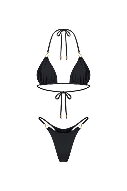 LYCRA BIKINI SET TOP AND BOTTOM WITH SMALL HOOKS DECOR COLOR BLACK