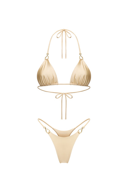 LYCRA BIKINI SET TOP AND BOTTOM WITH SMALL HOOKS DECOR COLOR CHAMPAGNE