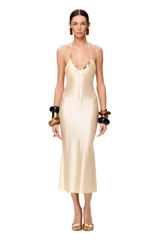 JERSEY THIN MIDI DRESS SECOND SKIN WITH SOFT METALLIC SHEEN AND THIN STRAPS COLOR CHAMPAGNE