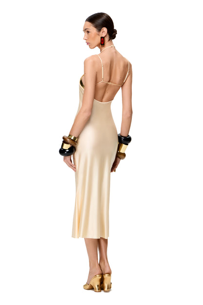 JERSEY THIN MIDI DRESS SECOND SKIN WITH SOFT METALLIC SHEEN AND THIN STRAPS COLOR CHAMPAGNE