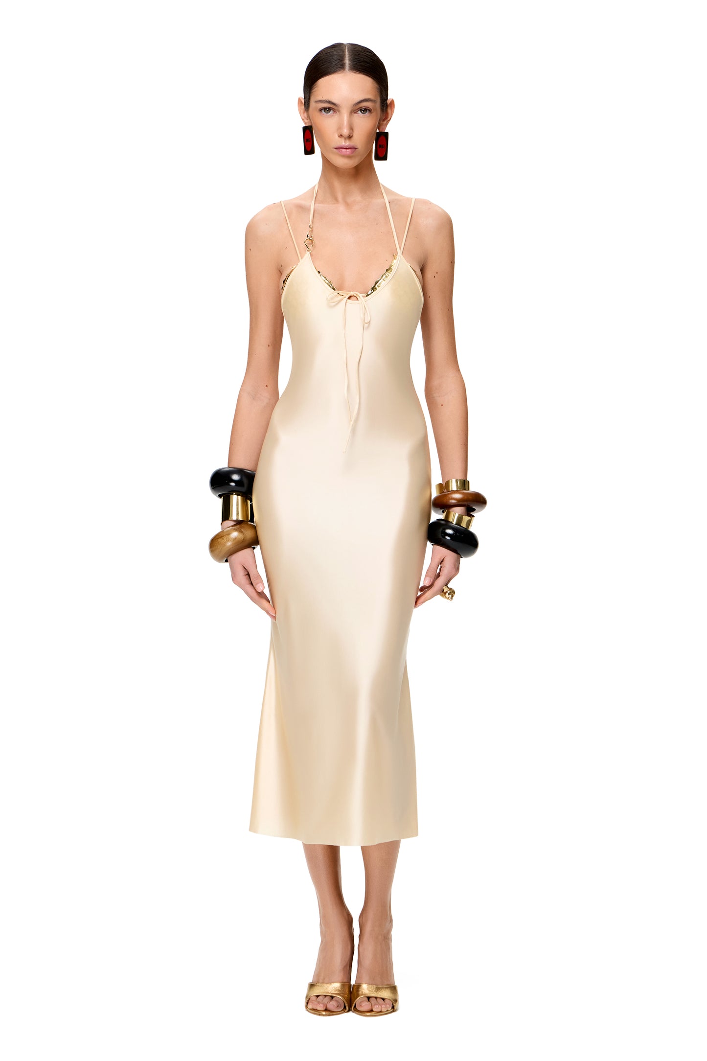 JERSEY THIN MIDI DRESS SECOND SKIN WITH SOFT METALLIC SHEEN AND THIN STRAPS COLOR CHAMPAGNE