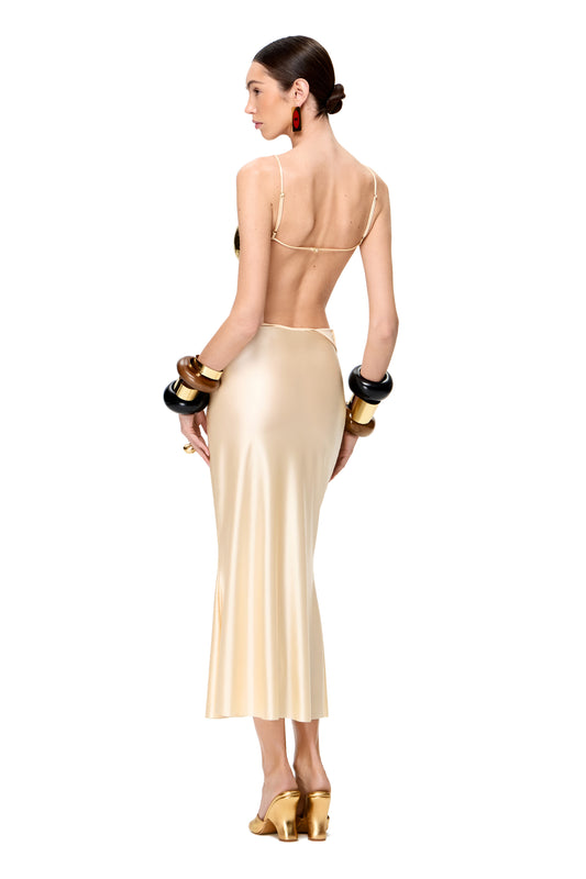 JERSEY THIN MAXI SKIRT HIGH SLIT AND LOW METAL HOOK DECOR COLOR CHAMPAGNE