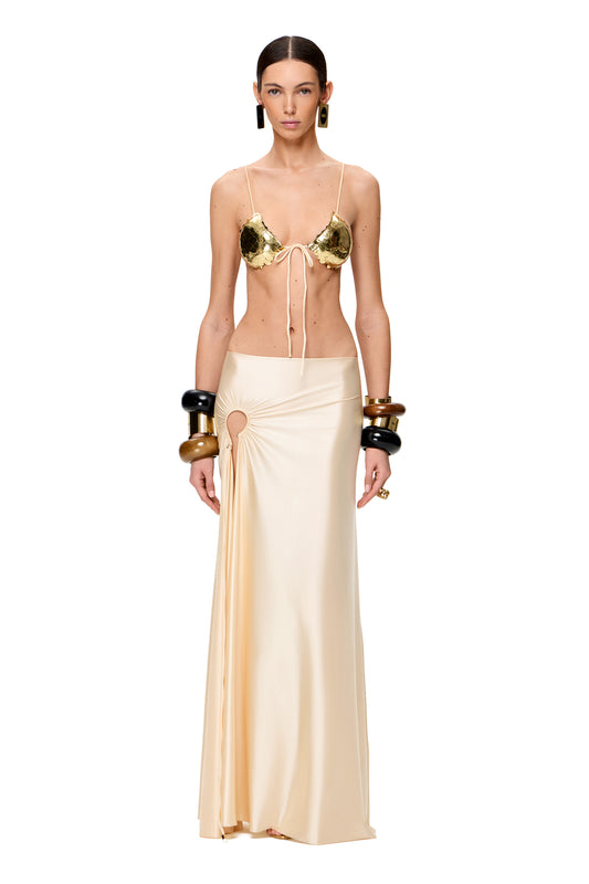 JERSEY THIN MAXI SKIRT HIGH SLIT AND LOW METAL HOOK DECOR COLOR CHAMPAGNE