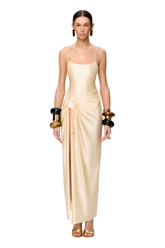 JERSEY MAXI SKIRT HIGH SLIT AND METAL HOOK DECOR WITH TIES COLOR CHAMPAGNE