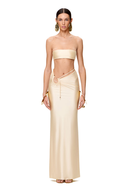 SET BANDOU TOP AND MAXI SKIRT WITH METAL HOOK DECOR COLOR CHAMPAGNE