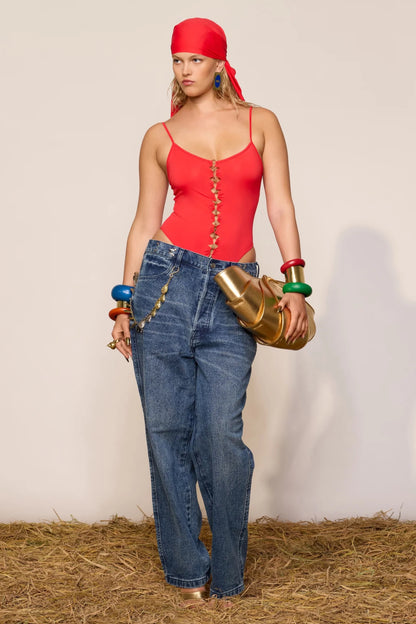 DENIM STRAIGHT-LEG BOYFRIEND JEANS WITH ADJUSTABLE METAL HOOKS BLUE