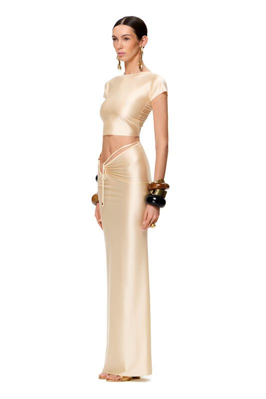 JERSEY MAXI SKIRT "SECOND SKIN" WITHOUT SLIT WITH A METAL HOOK DECOR COLOR CHAMPAGNE