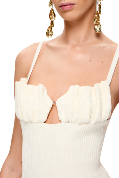 KNITTED MINI DRESS THIN STRAPS AND SHELL BRA COLOR MILK