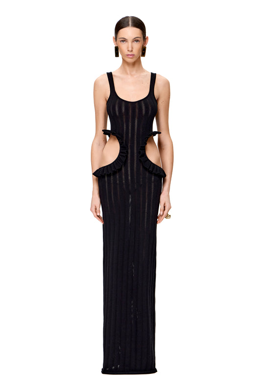 KNITTED COUTURE MAXI DRESS SIDE CUT-OUT COLOR BLACK